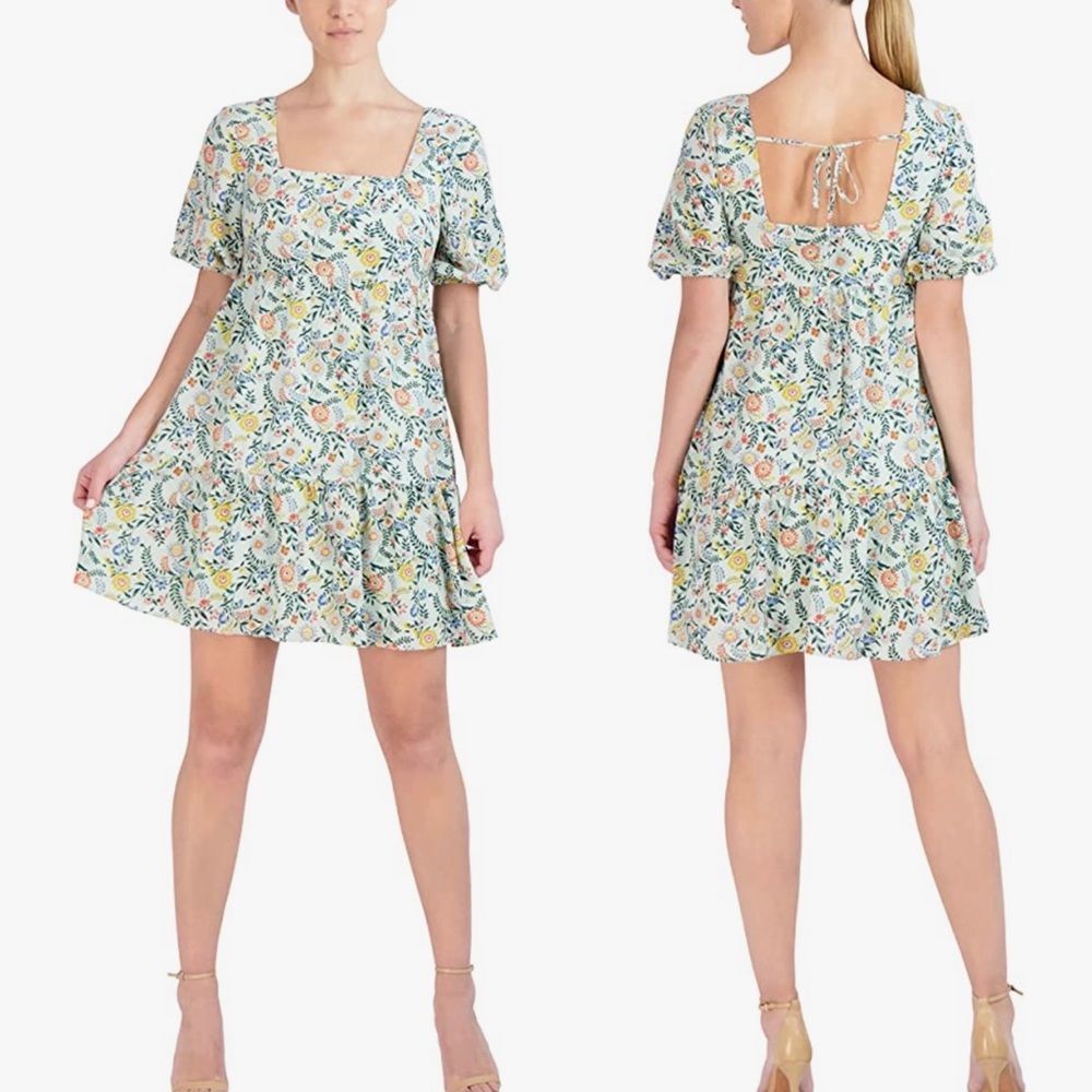 BCBGeneration NEW Fit and Flare Square Neck Green Floral Dress Size Small